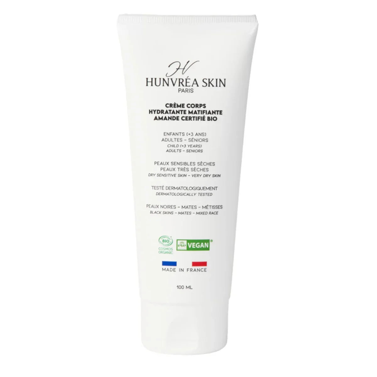 Crème Corps Hydratante Matifiante Hunvréa Skin à l'Amande Bio 100ml - Peaux sensibles et sèches - Certifié Bio et Vegan