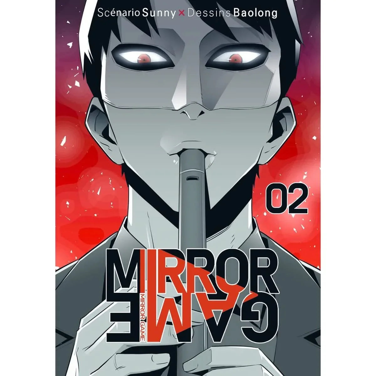 Couverture du manga Mirror Game - Tome 2 avec un personnage hypnotisant jouant de la flûte, regard intense et fond rouge captivant.