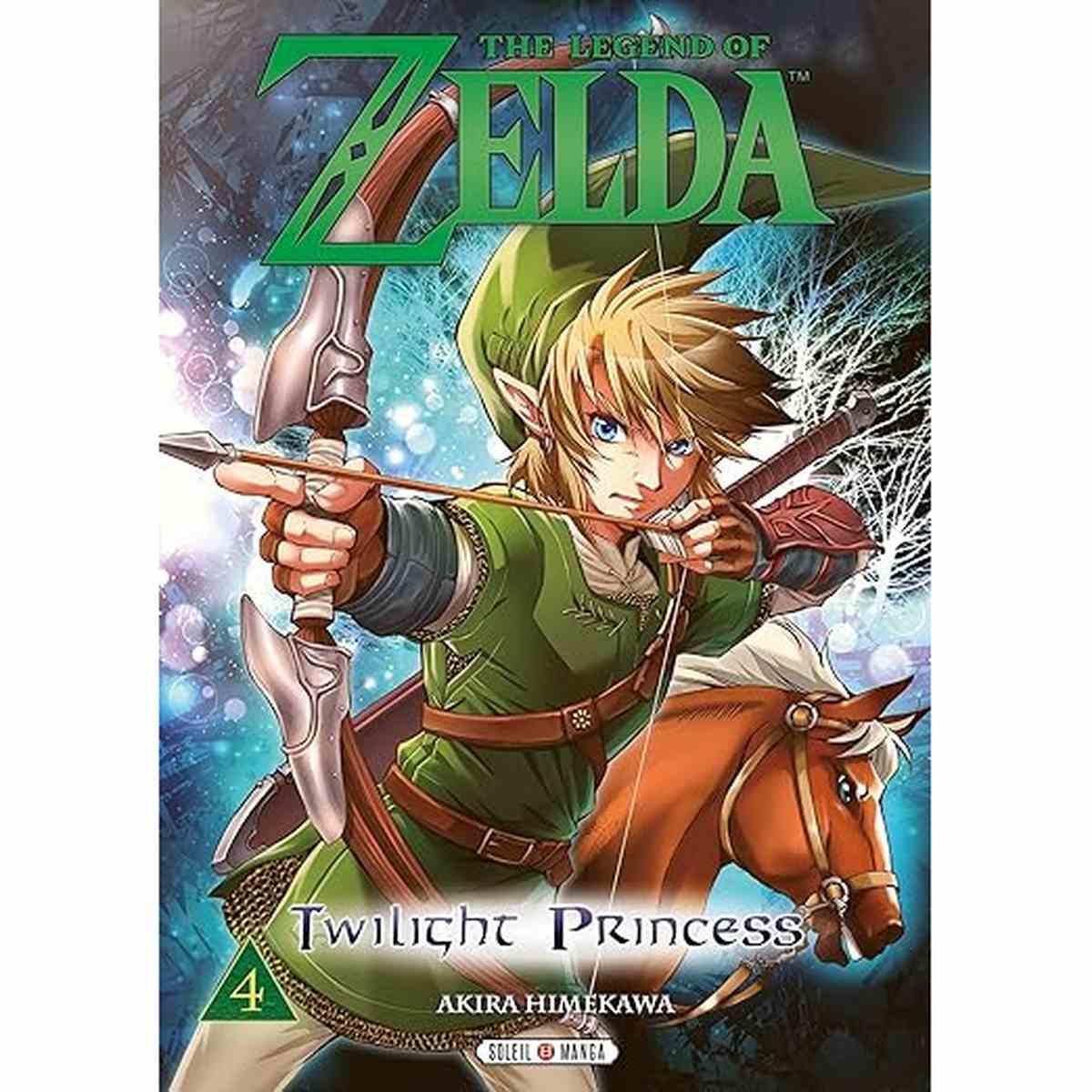 Couverture du manga The Legend of Zelda - Twilight Princess Tome 4 avec Link armé d’un arc sur son cheval, édité par Soleil Manga, genre aventure fantastique.