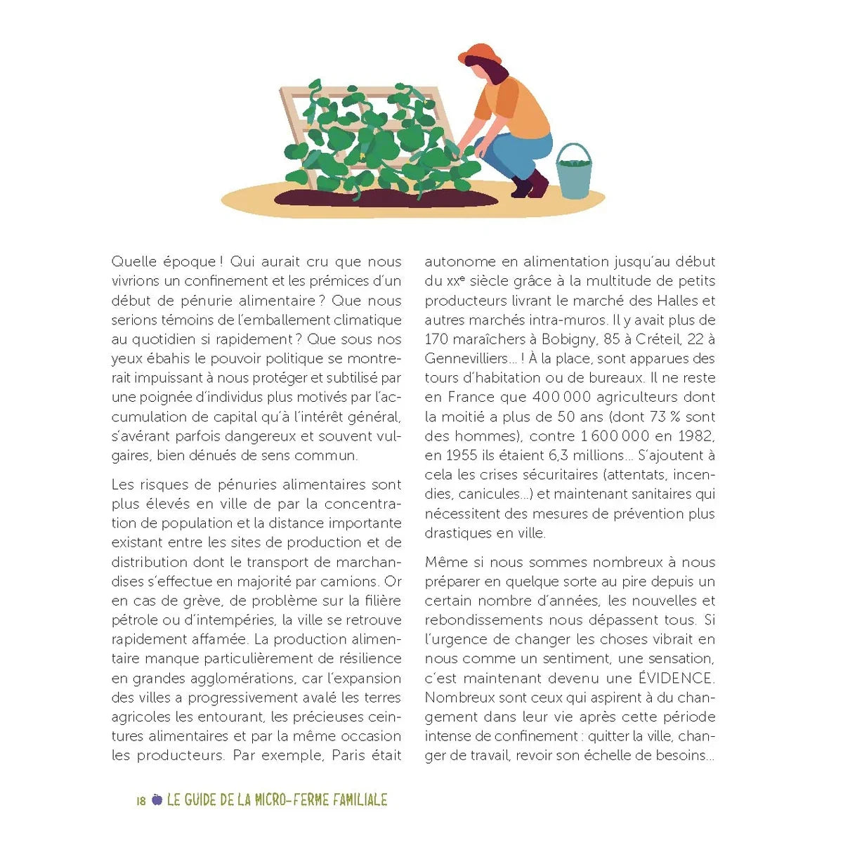 avant propos du livre
avec texte sur l'autonomie alimentaire et la pénurie, accompagné d'une illustration d'une personne jardinant.
