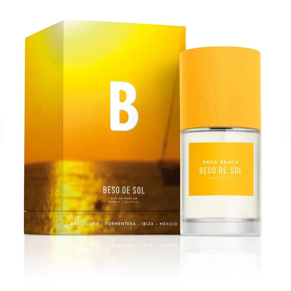 Beso de Sol 100ml - Parfum unisexe avec flacon jaune doré et boîte dégradé orange