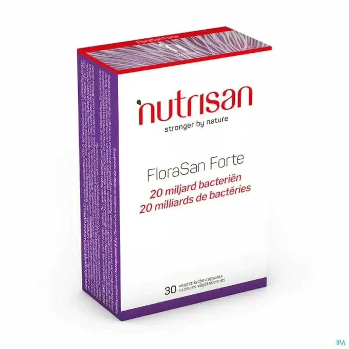 Nutrisan FloraSan Forte 30 Capsules Végétariennes, complément alimentaire pour la flore intestinale avec 20 milliards de bactéries lactiques.