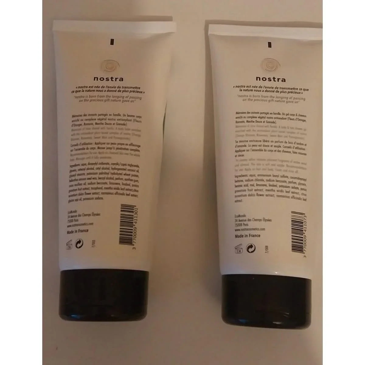 Baume pour le corps + gel corp et cheveux NOSTRA au bois d ambre et amande. Ingredients