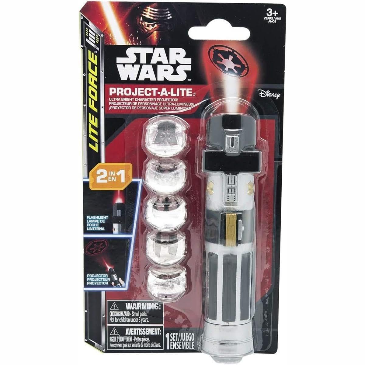 Jazwares Star Wars Projecteur de lumière + Lampe en forme de sabre laser. Lampe de poche avec projecteur intégré et 6 motifs Star Wars inclus.