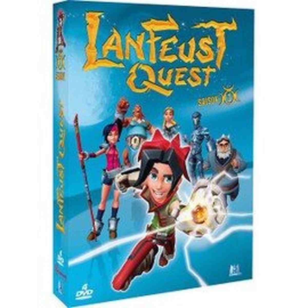 Coffret DVD de Lanfeust Quest - Saison 1 : Illustration de la couverture montrant Lanfeust, armé de son épée magique, et accompagné de ses compagnons, dont Hébus le troll. L'image met en avant un paysage magique inspiré de l'univers de Troy, avec des créatures fantastiques et des éléments de fantasy, représentant parfaitement l'aventure épique et l'humour de la série animée.