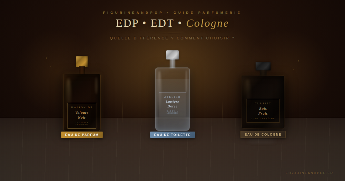 Trois flacons côte à côte illustrant la différence entre Eau de Parfum, Eau de Toilette et Eau de Cologne - Guide Figurineandpop