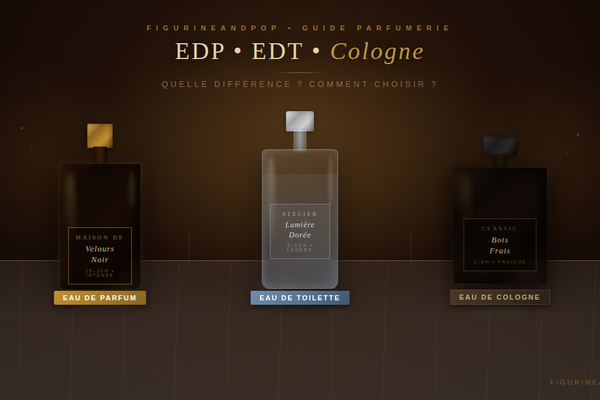 Trois flacons côte à côte illustrant la différence entre Eau de Parfum, Eau de Toilette et Eau de Cologne - Guide Figurineandpop
