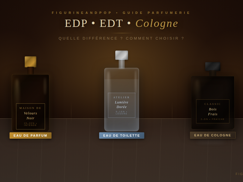 Trois flacons côte à côte illustrant la différence entre Eau de Parfum, Eau de Toilette et Eau de Cologne - Guide Figurineandpop