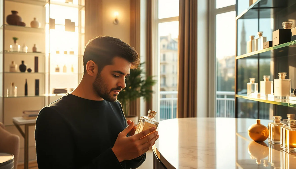 Homme découvrant un parfum de niche dans une boutique spécialisée en ligne France 2026