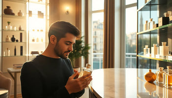 Homme découvrant un parfum de niche dans une boutique spécialisée en ligne France 2026