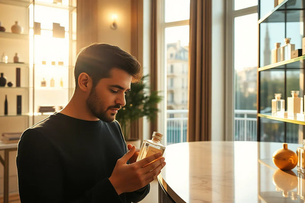 Homme découvrant un parfum de niche dans une boutique spécialisée en ligne France 2026