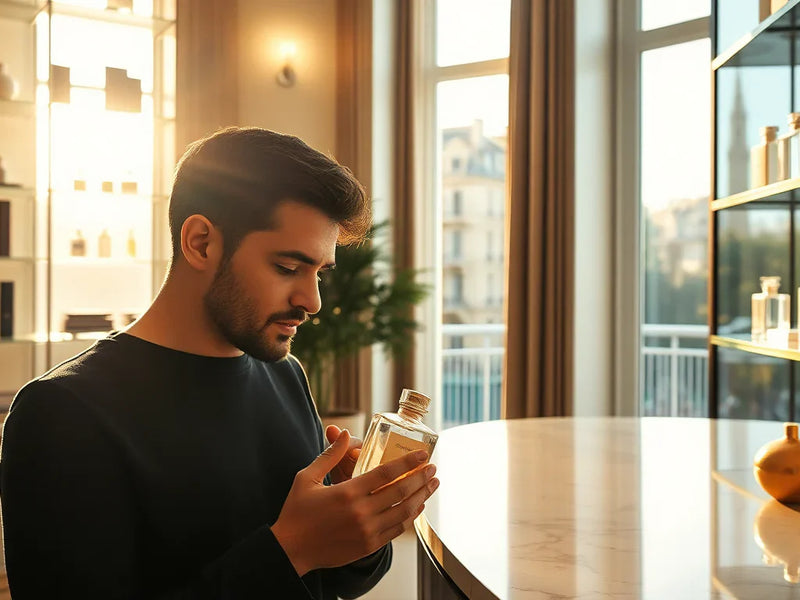 Homme découvrant un parfum de niche dans une boutique spécialisée en ligne France 2026