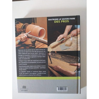 Couverture arrière d'un livre sur le savoir-faire artisanal, illustrant des images de poterie, de menuiserie et de fabrication à la main
