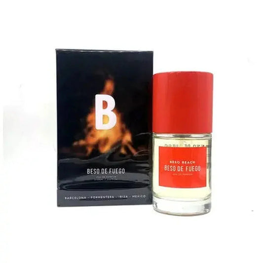Eau de Parfum Beso Beach Beso de Fuego 100ml - Parfum unisexe boisé épicé avec flacon rouge feu et étui noir flammes