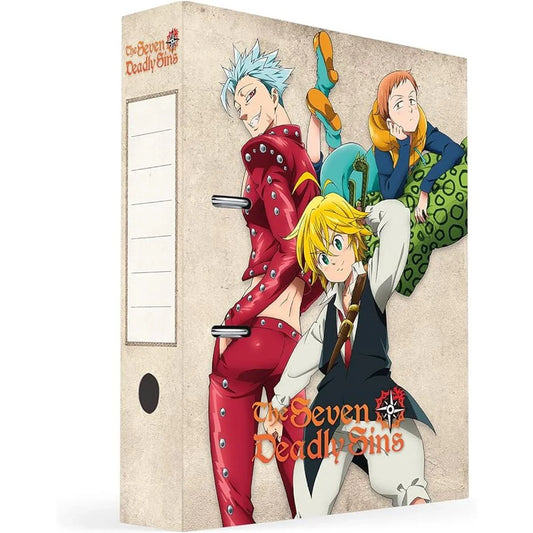 Classeur à levier The Seven Deadly Sins rigide 2 anneaux, format 28 x 32 x 7 cm, décoré avec les personnages de l’anime sur fond beige texturé. Idéal pour organiser vos documents scolaires ou professionnels avec style.