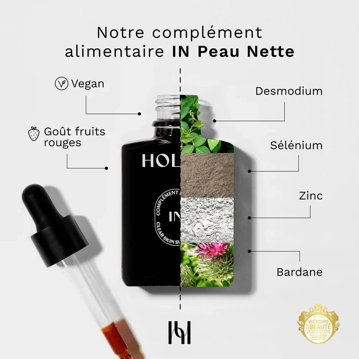 Holite IN Peau Nette - Composition du complément peau nette liquide : Desmodium, Sélénium, Zinc, Bardane - Formule vegan goût fruits rouges - Complément alimentaire Clear Skin Supplement certifié Victoire de la Beauté"