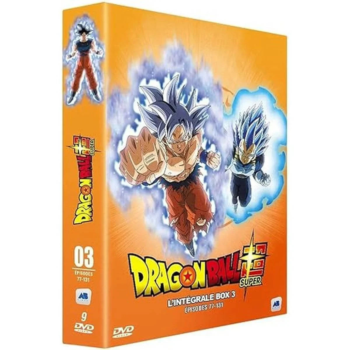 Dragon Ball Super - Box 3 l'intégrale en DVD, comprenant les épisodes 77 à 131. Coffret avec Goku et Vegeta en pleine action sur fond orange.