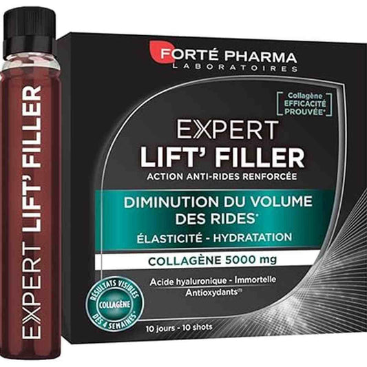 Forté Pharma Expert Lift-Filler - Boîte de 10 shots anti-rides au collagène 5000mg avec flacon