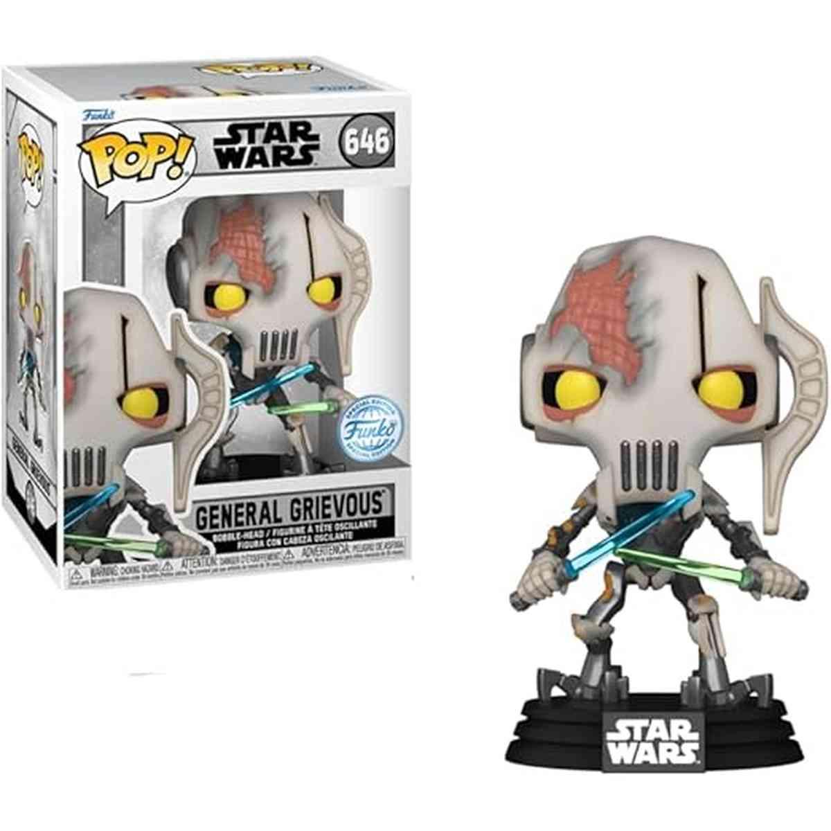 Figurine Funko Pop! Star Wars : General Grievous 646 - Exclusif GameStop avec sabres laser, présentée avec sa boîte de collection.