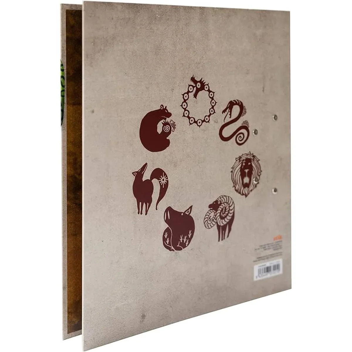 Classeur à levier The Seven Deadly Sins rigide 2 anneaux, format 28 x 32 x 7 cm, avec symboles des péchés capitaux sur fond beige texturé.