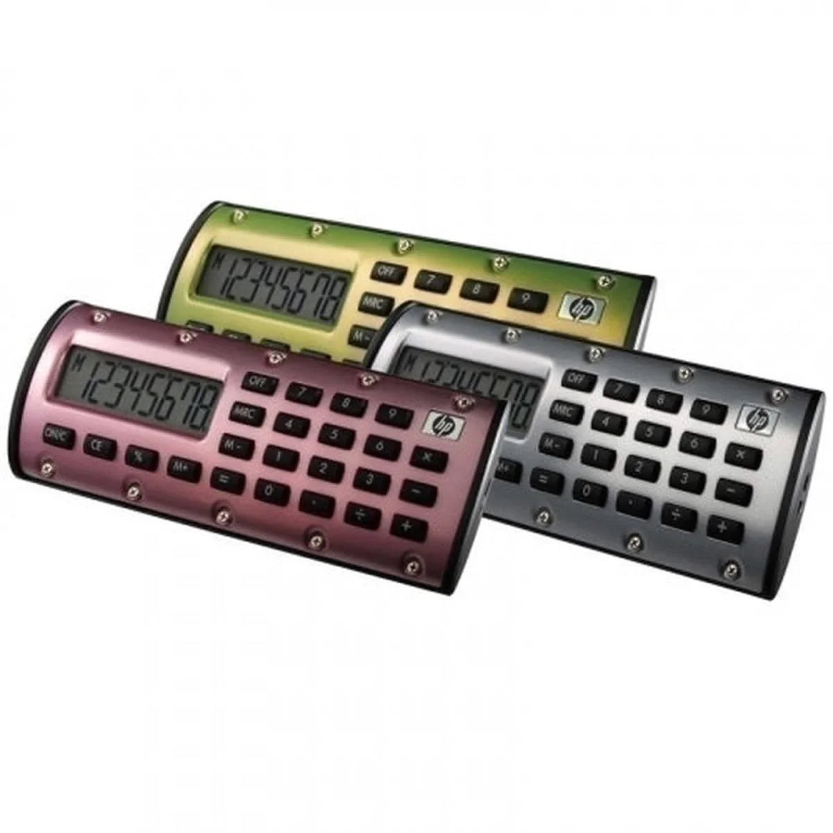 HP QuickCalc Pack de-3 mini calculatrice magnétiques en couleurs rose, vert et argent, compactes et pratiques avec affichage numérique.