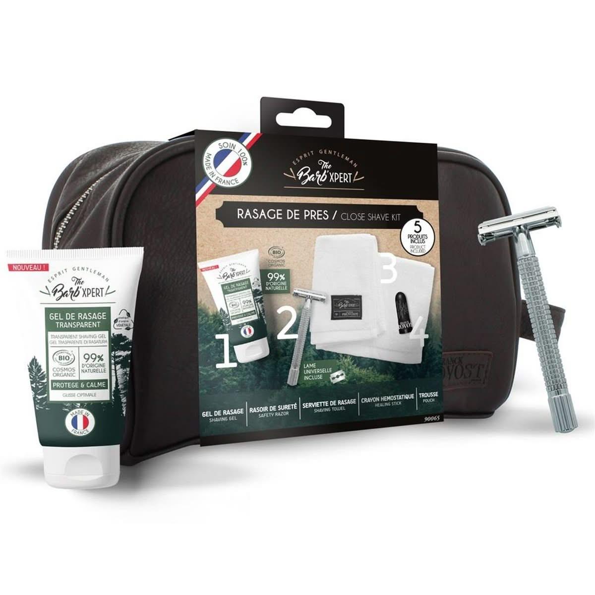 Kit rasage de près Frank Provost The Barb'Xpert avec trousse de voyage, rasoir de sûreté en laiton chromé, gel de rasage transparent et serviette de rasage. Idéal pour un rasage précis et confortable.
