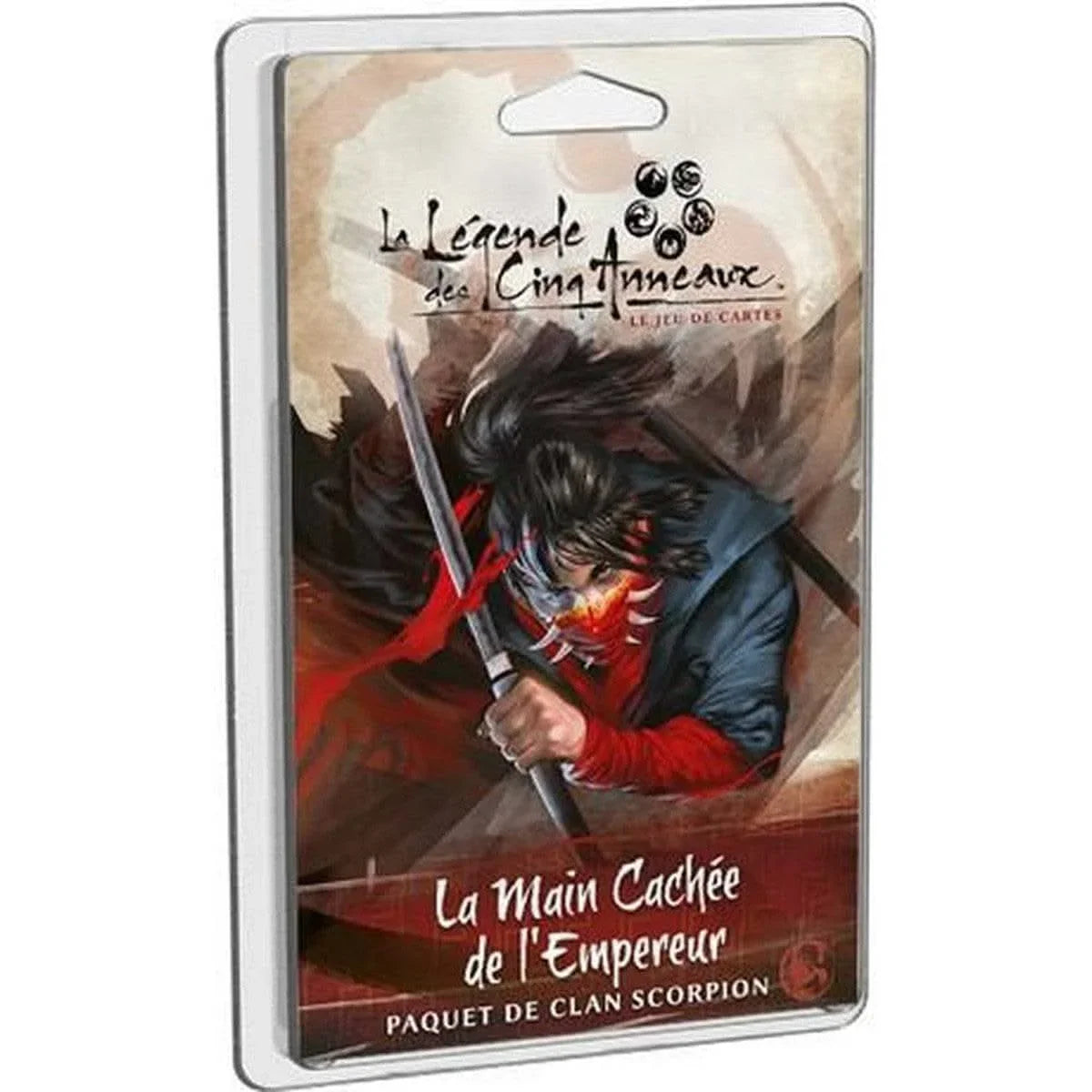 Extension La Légende des 5 Anneaux – La Main Cachée de l’Empereur, un paquet de clan Scorpion pour le jeu de cartes, contenant 78 nouvelles cartes.
