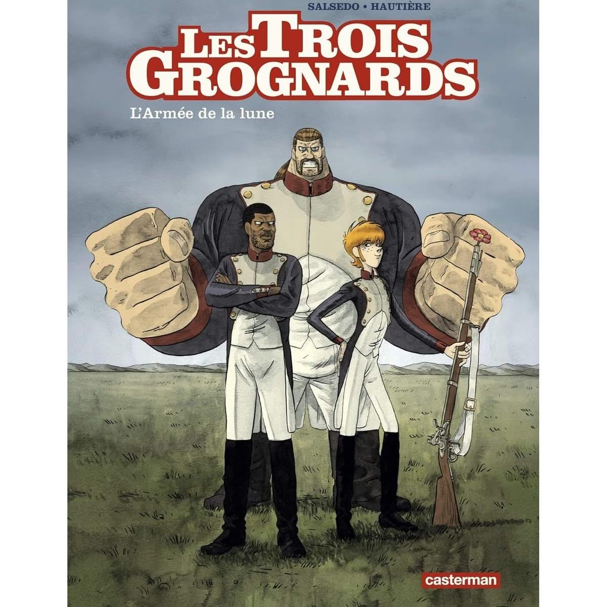 Couverture de la BD 'Les Trois Grognards: L'armée de la lune' publiée par Casterman, illustrant trois soldats en uniforme sur un champ de bataille.