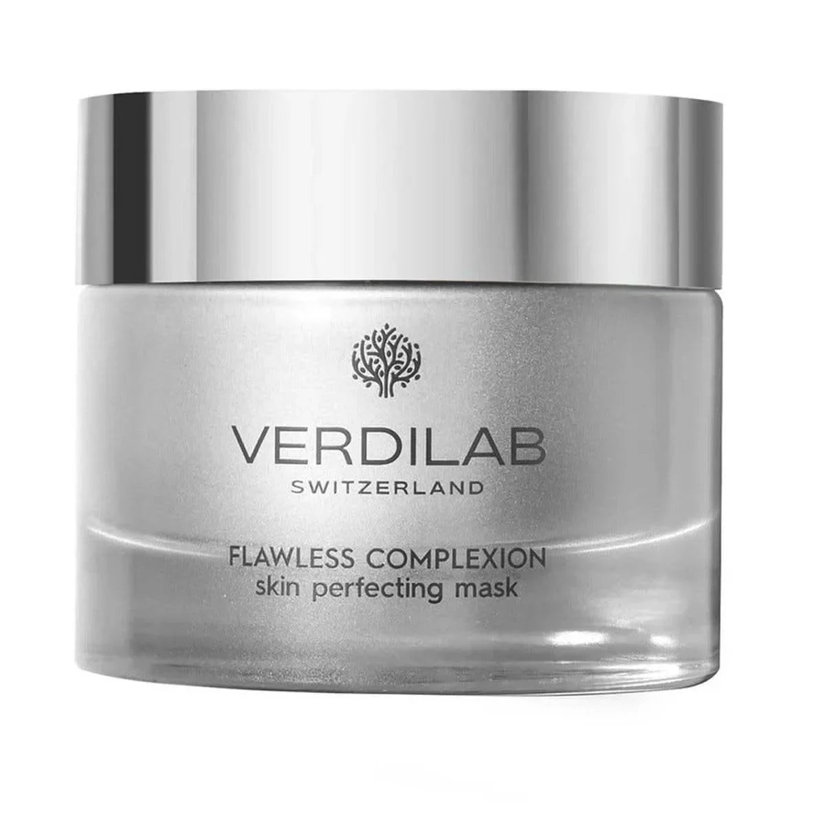 Masque Perfecteur de Peau Teint Parfait VERDILAB dans un pot élégant argenté. Soin purifiant et rééquilibrant pour peaux grasses et mixtes.