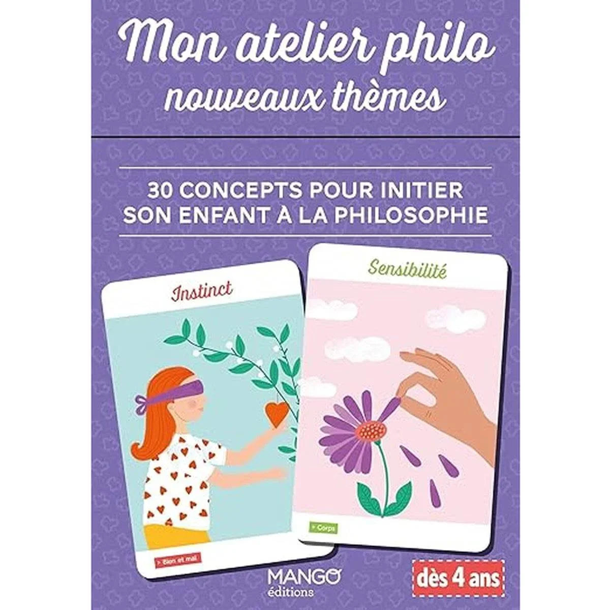 Livre 'Mon atelier philo nouveaux thèmes' avec 30 concepts pour initier les enfants à la philosophie dès 4 ans, illustré avec cartes et activités ludiques.