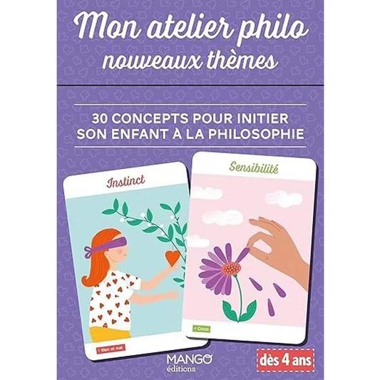 Livre 'Mon atelier philo nouveaux thèmes' avec 30 concepts pour initier les enfants à la philosophie dès 4 ans, illustré avec cartes et activités ludiques.