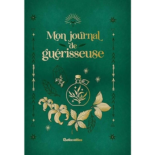 Mon journal de guérisseuse en cuir/luxe avec couverture verte ornée de motifs dorés inspirés de la nature. Un carnet idéal pour organiser son année avec magie.