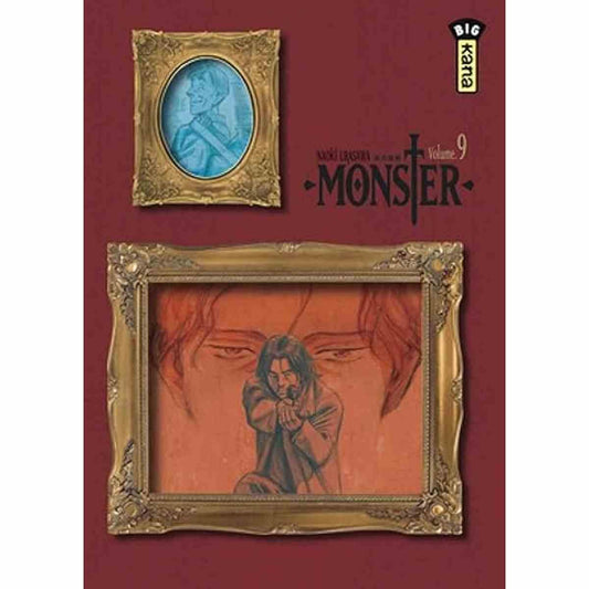 Tome 9 de Monster - Secret révélé avec face-à-face entre Nina et Johann. Couverture avec portraits encadrés et ambiance sombre du manga culte en vente dans votre boutique manga