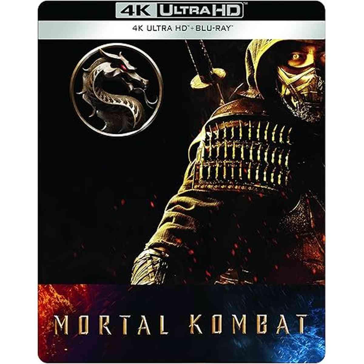 Édition SteelBook Mortal Kombat 4K Ultra HD blu-ray avec visuel de Scorpion et logo emblématique, catégorie Blu-ray action fantastique.