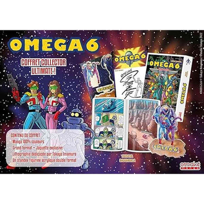 Contenu OMEGA 6 Coffret Collector Ultimate – manga 100% couleurs grand format, jaquette exclusive, lithographie dédicacée Takaya Imamura, standee figurine acrylique – Omaké Manga