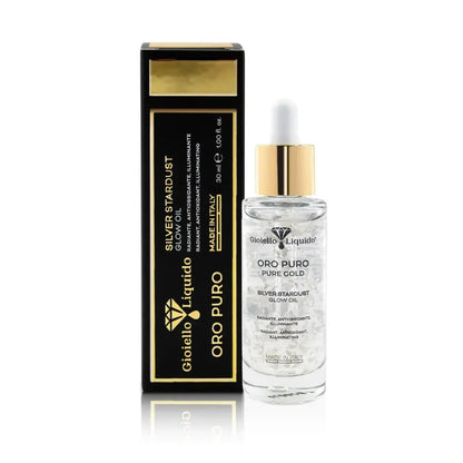Huile visage Oro Puro Silver Stardust Glow Oil Gioiello Liquido 30 ml argent pur flacon et coffret noir or