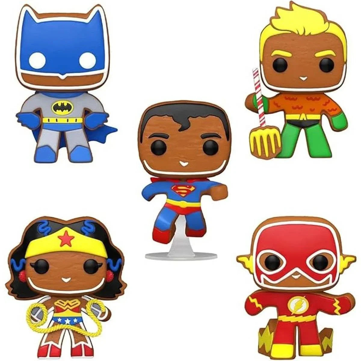 Funko Pop! 5-Pack: Heroes: DC Holiday Spécial Edition avec figurines en pain d'épice de Superman, Batman, Aquaman, Wonder Woman et The Flash.