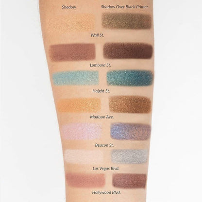 Swatches des 7 teintes theBalm Autobalm Day 2 Nite sur bras – Wall St. Lombard St. Haight St. Madison Ave. Beacon St. Las Vegas Blvd. Hollywood Blvd. avec et sans primer noir