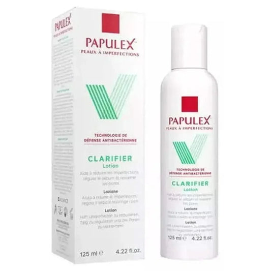 Papulex lotion clarifier acné 125 ml avec boîte, soin purifiant pour peaux à imperfections, réduit les pores et régule le sébum.