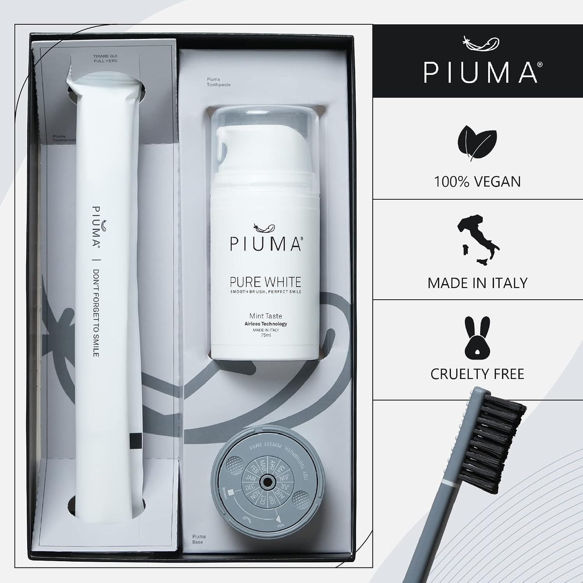 Coffret Piuma Smile Box avec brosse à dents design, dentifrice Pure White menthe et base calendrier, vegan et made in Italy