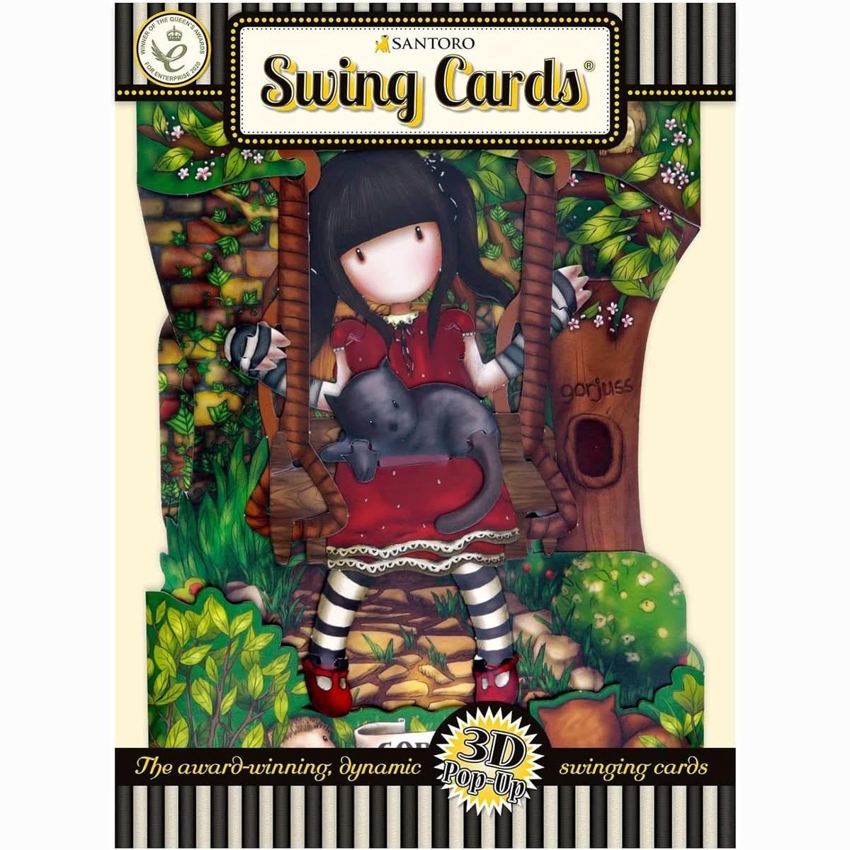 SANTORO Carte de vœux pop-up 3D Gorjuss Ruby On A Swing avec illustration d'une fille en robe rouge sur une balançoire. Idéale pour un anniversaire ou une occasion spéciale.