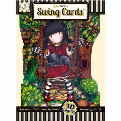 SANTORO Carte de vœux pop-up 3D Gorjuss Ruby On A Swing avec illustration d'une fille en robe rouge sur une balançoire. Idéale pour un anniversaire ou une occasion spéciale.