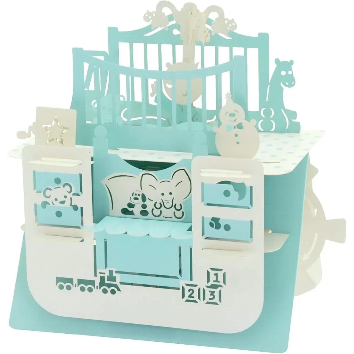Carte de vœux interactive 3D Silhouart de Santoro pour bébé garçon, avec un design détaillé représentant une chambre de bébé en bleu et blanc. Idéale pour célébrer une naissance avec une touche artistique et originale.