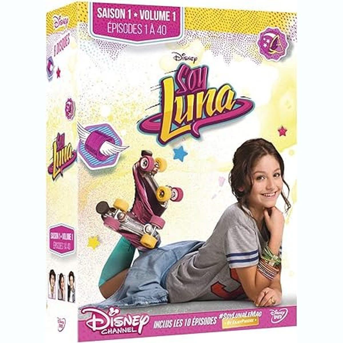 Coffret DVD Soy Luna - Saison 1 - Volume 1 avec les épisodes 1 à 40. Illustration colorée avec Luna allongée et ses rollers jaunes et roses. Série Disney Channel.