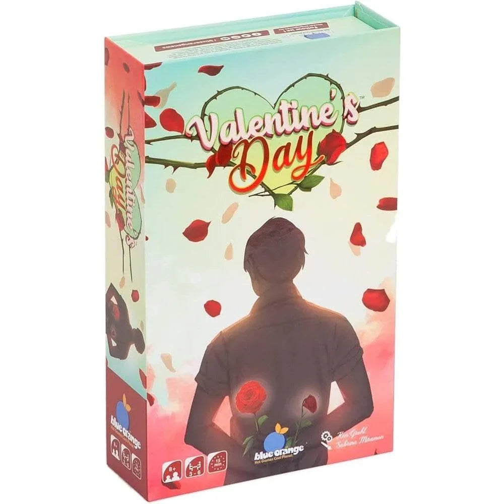 Jeu de société 'Valentine's Day' par Blue Orange, avec une boîte illustrée d'une silhouette tenant une rose, entourée de pétales rouges. Un jeu romantique et amusant pour la Saint-Valentin.