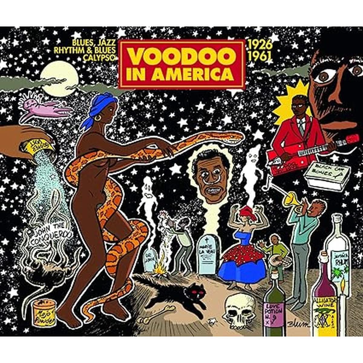 Pochette de l'album 'Voodoo in America : Blues, Jazz, rhythm & blues, calypso 1926-1961' avec une illustration colorée représentant des scènes de vaudou, musiciens et symboles mystiques.