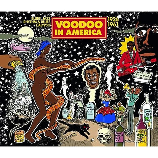 Pochette de l'album 'Voodoo in America : Blues, Jazz, rhythm & blues, calypso 1926-1961' avec une illustration colorée représentant des scènes de vaudou, musiciens et symboles mystiques.