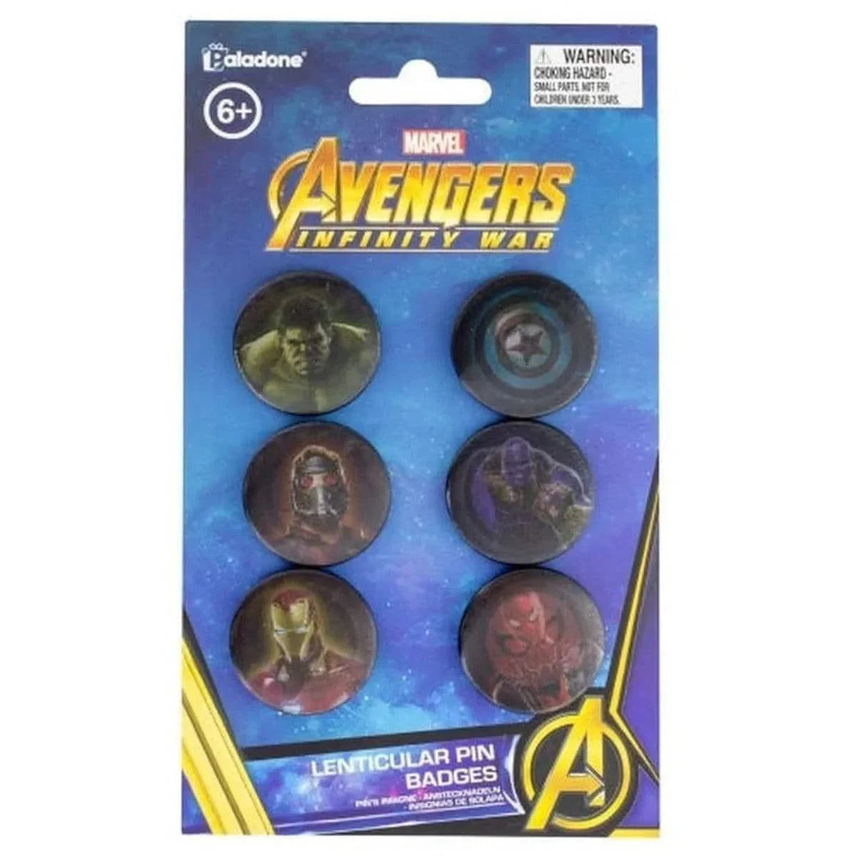 Pack de 6 badges Avengers Infinity War modèle lenticulaire avec images dynamiques des super-héros Marvel. Accessoire idéal pour les fans.