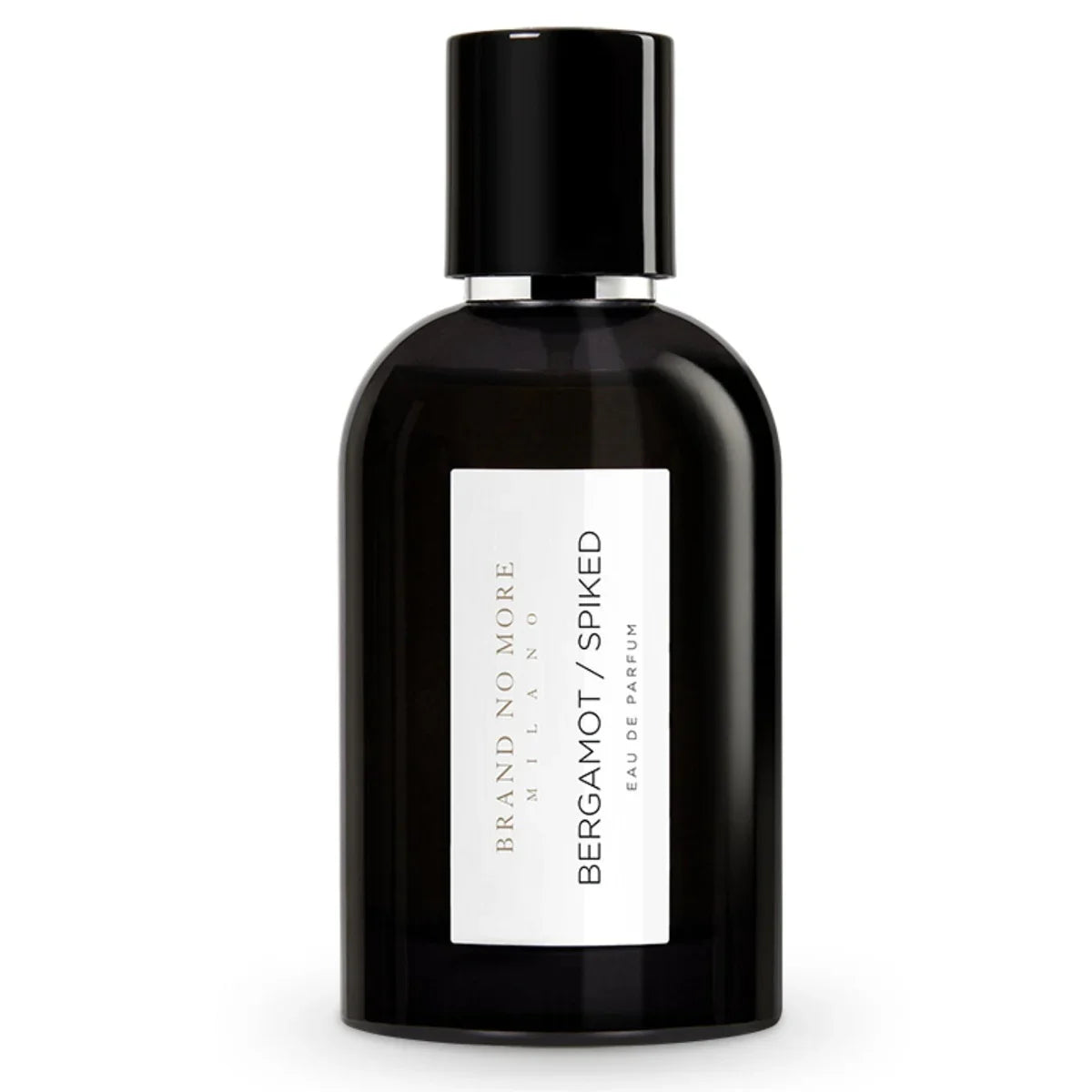Flacon de parfum Brand No More Milano BERGAMOT SPIKED - Eau de Parfum 100ml en verre noir laqué avec étiquette blanche minimaliste