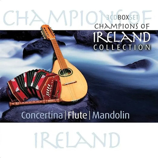 Coffret 3 CD 'Champions of Ireland' avec concertina, flûte et mandoline, célébrant la musique traditionnelle irlandaise avec jigs et reels.
